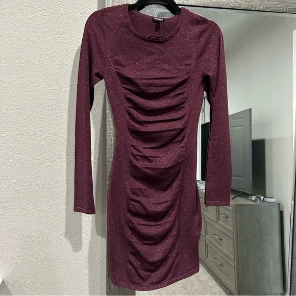 Express | Dresses | Express Fitted Wine Red Sparkle Long Sleeve Sweater  Dress Size Xs | Poshmark